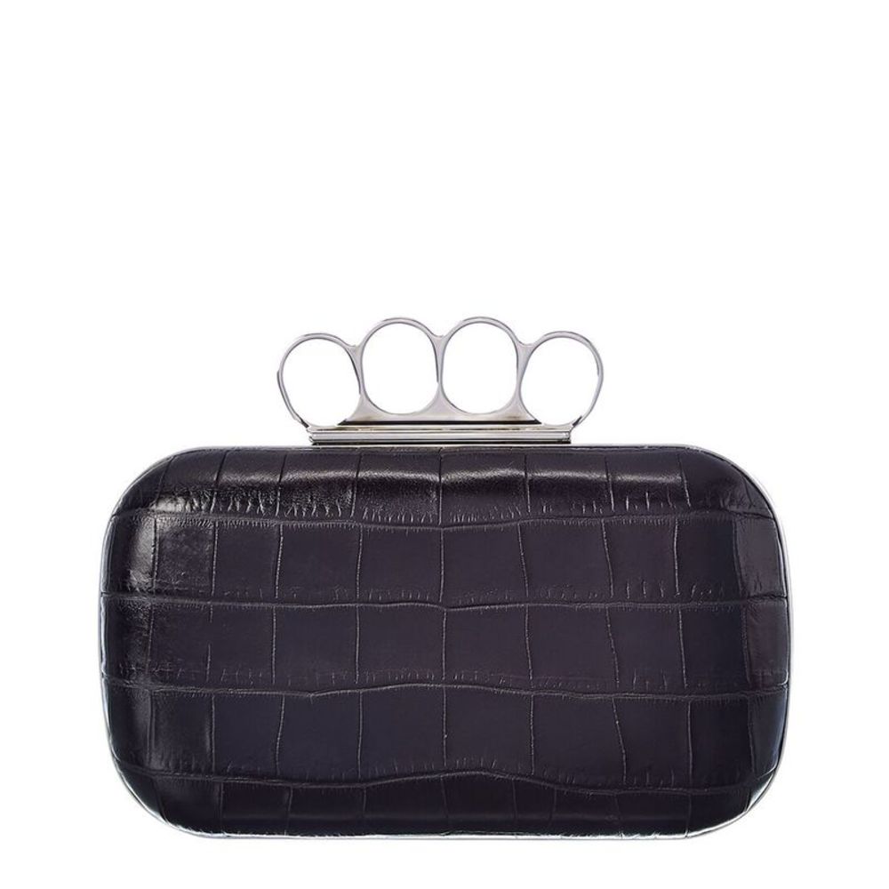Alexander Mcqueen Skull Four-Ring Croc Embossed Leather Clutch, Black - Picture 2 of 3